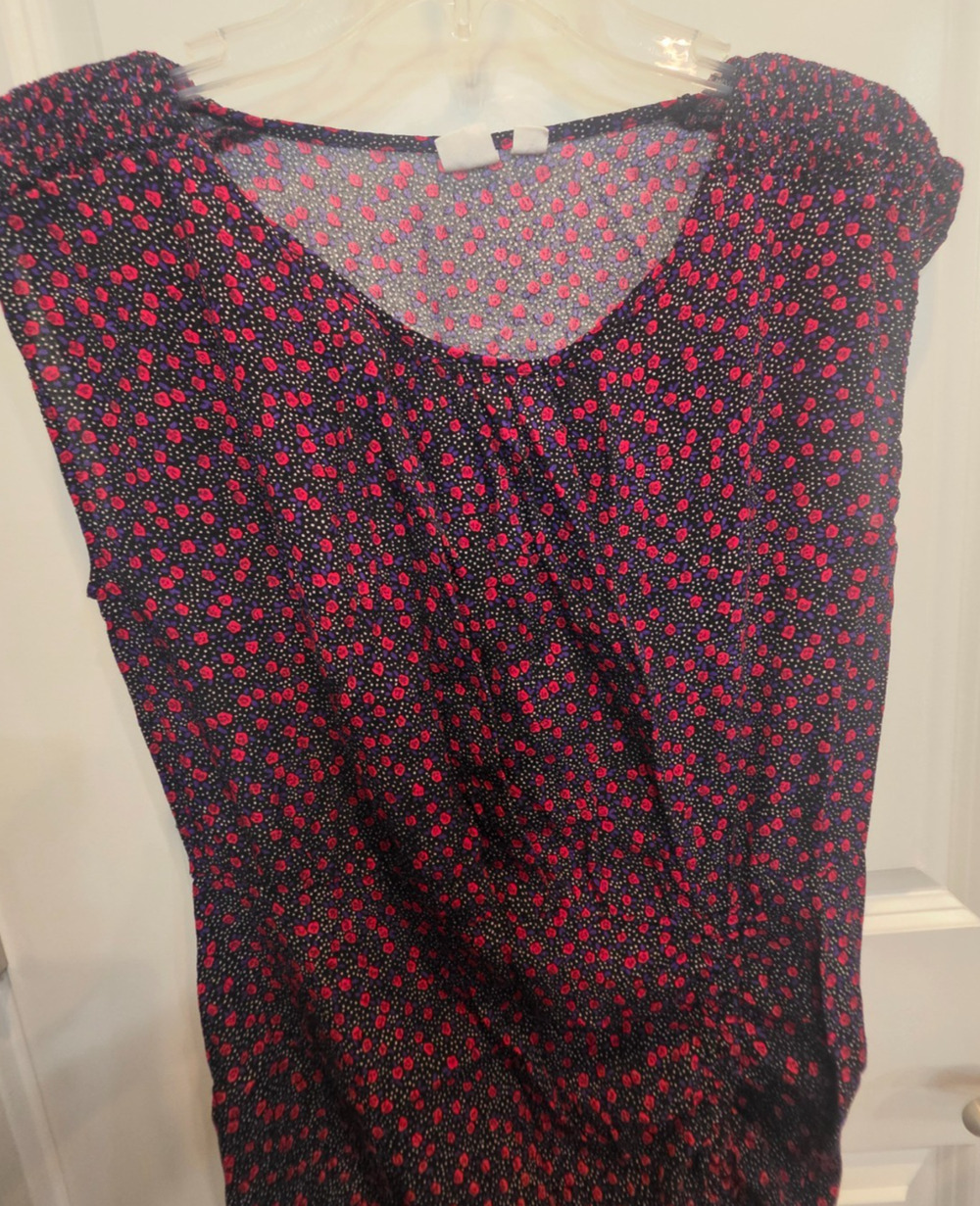GAP Floral Midi Dress Ruched Short Sleeve Women's 10 Red Side Zipper Cottagecore